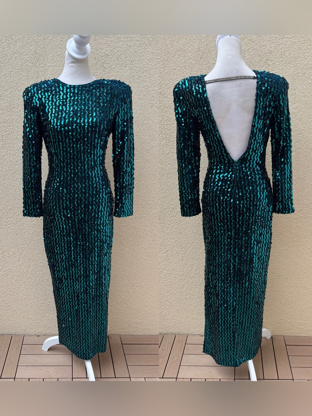 Jarrod's 1980s emerald green long-sleeve sequin gown dress open back side slit